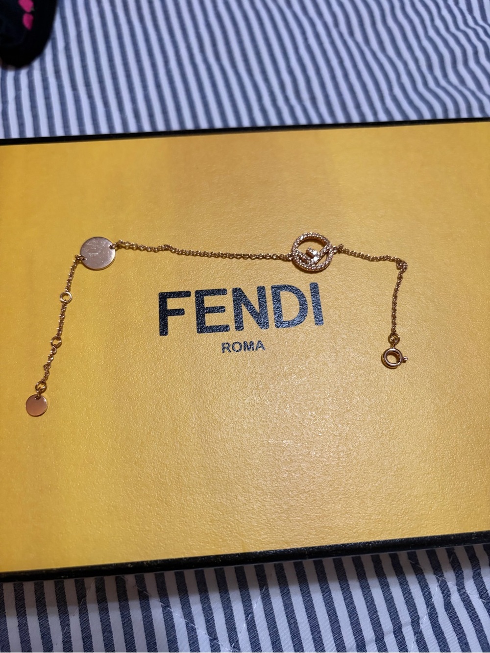 Fendi Rose Gold Circle Charm Chain Bracelet with Crystal Accent - Size 6.5
